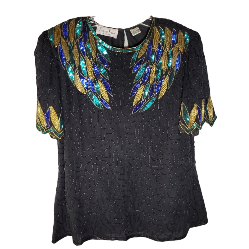 Vintage Laurence Kazar 100% silk black blue and gold beaded sequined top Size L
